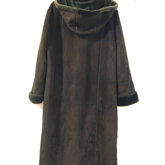 Portrait faux suede and faux fur winter coat maxi women's 16 forest green hood - Picture 2 of 16